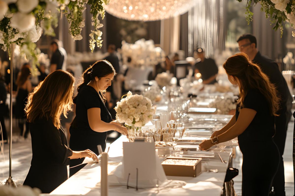 A team setting up the buffet table for a event