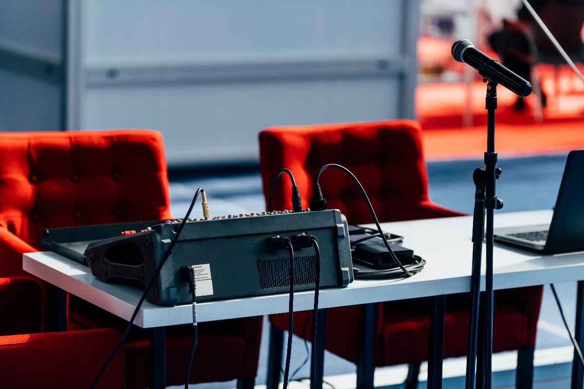 A tech set up at the back of the events hall
